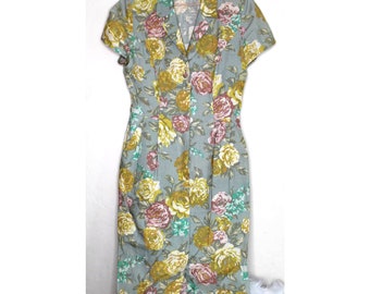 Vintage Gerard Darel linen floral knee length dress short sleeve collar 38