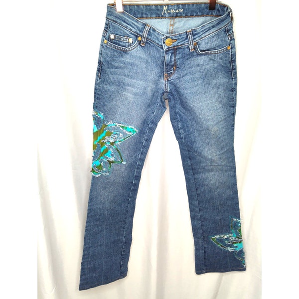 Marciano Cut Out Applique Bootcut Rose Theme Floral Jean Blue Green Size 25