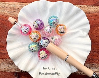 16MM Acrylic Crackle Beads UV Coated – Cute Monster Head – Kawaii Round Beads for Beadable Pens, Keychains, Jewelry, Crafts – Random Mix