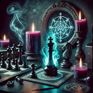 May include: A black chess king piece stands on a chessboard with a blue and purple smoke effect. The king is surrounded by candles and a mirror with a geometric design.