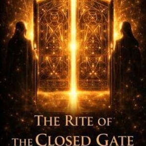 Op de afbeelding: Digitale illustratie van een stralende gouden poort met gedetailleerde patronen, geflankeerd door donkere silhouetten. De tekst luidt "THE RITE OF THE CLOSED GATE", met verdere tekst over toegangscontrole en energetische stilte.