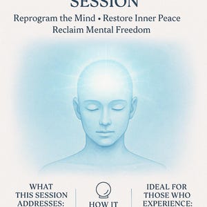 May include: A light blue illustration promoting an "INTRUSIVE THOUGHT RELEASE & RESOLUTION SESSION". It depicts a person with closed eyes, surrounded by light. The text highlights the session's aim to address intrusive thoughts and restore mental peace.