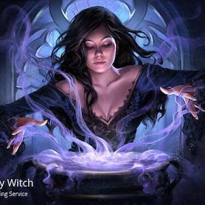 May include: A woman in a dark dress with long black hair casts a spell over a cauldron. Purple smoke swirls around her and the cauldron. The text "Fantasy Witch" and "Direct Binding Service" is visible at the bottom of the image.