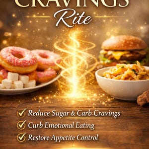 Peut inclure: Publicité avec le texte "REDUCED CRAVINGS Rite" présentant des images de beignets, d'un burger et de pâtes. Le texte comprend également "Reduce Sugar & Carb Cravings", "Curb Emotional Eating" et "Restore Appetite Control". Le thème général est la santé et le bien-être.