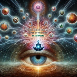Peut inclure: Œuvre d'art numérique représentant un œil humain avec un iris bleu, superposé à une figure méditative et des éléments cosmiques. Le texte « Pineal Gland Awakening » et « 3rd Eye Opening » est inclus.