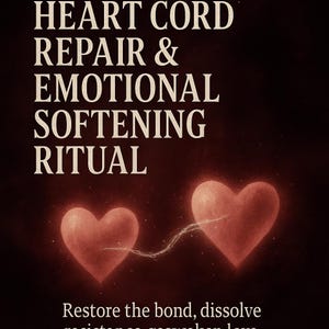 Könnte beinhalten: Bild mit Text: "HEART CORD REPAIR & EMOTIONAL SOFTENING RITUAL". Zwei leuchtende rote Herzen sind durch eine schimmernde Linie verbunden. Darunter steht: "Restore the bond, dissolve resistance, reawaken love."