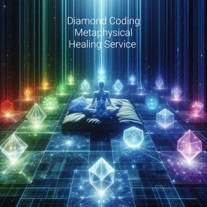 May include: A digital illustration of a person meditating in a blue, green, and purple geometric space. The person is surrounded by glowing, multi-colored geometric shapes. The text "Diamond Coding Metaphysical Healing Service" is at the top of the image.