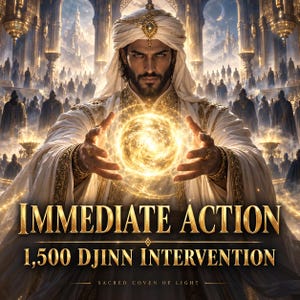 May include: A figure wearing a white turban and ornate white robes with gold embroidery, holding a glowing golden orb of light between their hands. The text reads: IMMEDIATE ACTION 1,500 DJINN INTERVENTION SACRED COVEN OF LIGHT.
