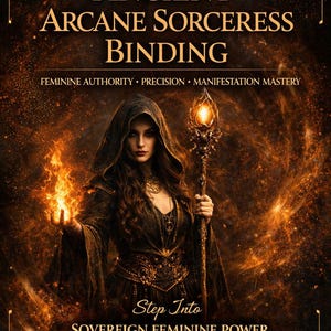 May include: An image with a dark, mystical theme. It features a woman in a hooded cloak holding a staff with a glowing orb and a ball of fire. Text includes "Ancient Arcane Sorceress Binding" and "Sovereign Feminine Power."