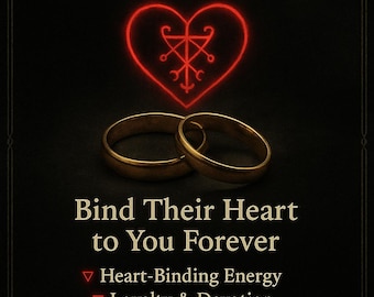 Könnte beinhalten: Schwarze Grafik mit goldenem Text "COMMITMENT ENERGY SPELL". Ein rotes Herz mit einem Symbol befindet sich über zwei goldenen Eheringen. Der Text "Bind Their Heart to You Forever" steht darunter.