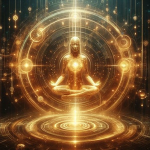 May include: A golden figure sits in a meditative pose surrounded by glowing geometric patterns and circles. The figure is radiating light and is centered within a circular frame.