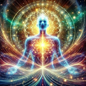 Op de afbeelding: Een kleurrijke, abstracte afbeelding van een persoon in een meditatieve houding, omringd door draaiende licht en energie. Het lichaam van de persoon is gemaakt van gloeiende lijnen en patronen, en hun hartchakra straalt een helder licht uit.