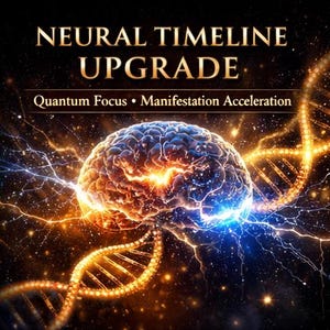 Peut inclure: Image numérique artistique avec le texte "NEURAL TIMELINE UPGRADE" en lettres dorées. L'image présente un cerveau lumineux, des brins d'ADN et les phrases "Quantum Focus" et "Manifestation Acceleration". L'arrière-plan est un espace sombre avec des étincelles.
