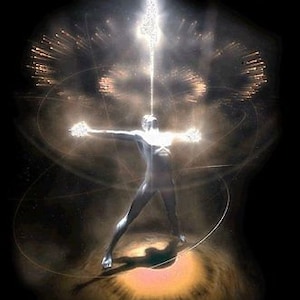 May include: A silver figure stands with arms outstretched, surrounded by swirling, glowing light. The figure is bathed in a bright white light, with a beam of light extending upwards from the top of its head.