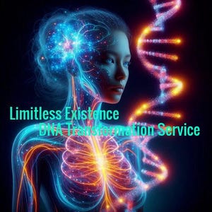 Może przedstawiać: Cyfrowa ilustracja kobiety z pulsującą, kolorową i skomplikowaną siecią linii i energii przepływających przez jej ciało. Obraz jest umieszczony na ciemnym tle z pulsującym, kolorowym i skomplikowanym łańcuchem DNA po prawej stronie obrazu. Tekst "Limitless Existence DNA Transformation Service" znajduje się na dole obrazu.