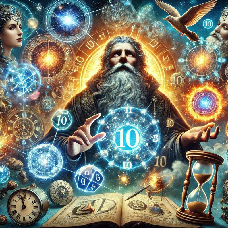 May include: A bearded man with a white beard and a blue robe holds a glowing orb with the number 10 in the center. The orb is surrounded by smaller orbs and clock faces. The background is a swirling mix of blue, gold, and red.