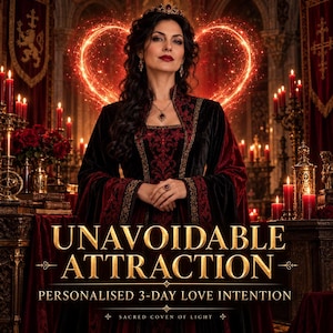 May include: A person wearing a dark red and black velvet gown with gold embroidery, a crown, and a necklace. The text reads UNAVOIDABLE ATTRACTION, PERSONALISED 3-DAY LOVE INTENTION, and SACRED COVEN OF LIGHT, with a glowing red heart shape behind.