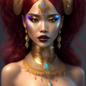 Könnte beinhalten: Eine Frau mit roten Haaren und goldenem Schmuck, darunter ein Kopfschmuck, eine Halskette und Ohrringe. Sie trägt schimmerndes Make-up und hat einen ernsten Ausdruck. Der Text "THE ANCIENT SISTERS SORCERESS DJINN" ist über ihrem Kopf sichtbar.