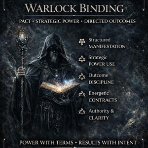 Puede incluir: Ilustraci&oacute;n oscura y m&iacute;stica de una figura encapuchada con un libro y un b&aacute;culo brillantes. El texto incluye "Ancient Arcane Warlock Binding" y "Direct Spirit Binding." Tambi&eacute;n se lee "Structured Manifestation."