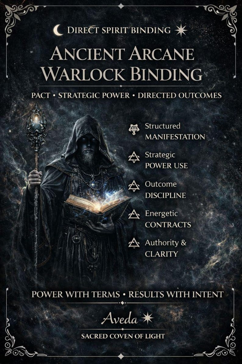 Puede incluir: Ilustraci&oacute;n oscura y m&iacute;stica de una figura encapuchada con un libro y un b&aacute;culo brillantes. El texto incluye "Ancient Arcane Warlock Binding" y "Direct Spirit Binding." Tambi&eacute;n se lee "Structured Manifestation."