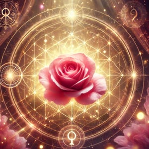 Puede incluir: Una rosa rosa con un patrón geométrico dorado detrás. La rosa está en el centro de la imagen y está rodeada por un círculo de luz.