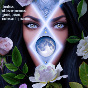 Può includere: Una donna con i capelli scuri e una forma di diamante blu incandescente sul viso. La forma del diamante contiene una piccola immagine di un pianeta. La donna è circondata da fiori rosa e bianchi.