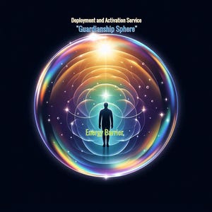 Może przedstawiać: Osoba stoi wewnątrz kolorowej, tęczowej kuli z tekstem "Deployment and Activation Service "Guardianship Sphere" i "Energy Barrier".