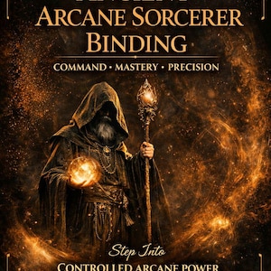 May include: An illustration featuring a robed sorcerer holding a glowing orb and staff. The image has text that reads "Ancient Arcane Sorcerer Binding" and "Controlled Arcane Power". The color palette is dominated by gold and brown tones.