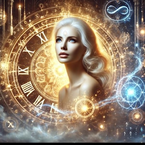 Könnte beinhalten: Digitale Kunst einer Frau mit weißen Haaren und blauen Augen, vor dem Hintergrund goldener Himmelselemente. Ein großes Zifferblatt mit römischen Ziffern und astrologischen Symbolen umgibt sie. Das Kunstwerk hat ein mystisches, ätherisches Thema.