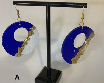Blue hand-painted earrings, blue white and gold earrings