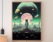 Cosmic Art, eclectic home decor aesthetic, Space Vintage, space cat, Cat Poster,Black Cat Art, sci-fi, Vintage wall art, retro sci fi