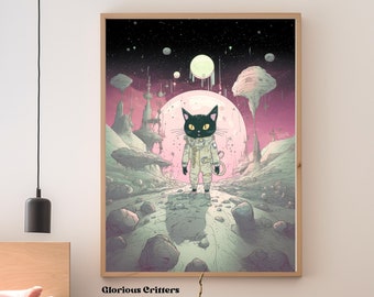 Vintage poster, retro sci fi, Space Vintage, space cat, Cosmic Art deco, eclectic home decor aesthetic, Cat Poster, Black Cat Art, sci-fi