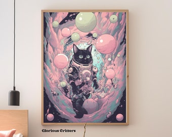 May include: A black cat wearing a spacesuit floats in a pink and blue nebula with white clouds. The cat is surrounded by bubbles. The image is titled "Glorious Critters".