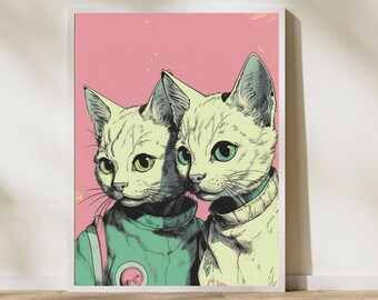 Chat de l'espace vintage de l'espace Nasa Art cosmique Art rétro futuriste surréalisme impression d'art Art rétro Art surréaliste rétro Décoration éclectique maison manquante
