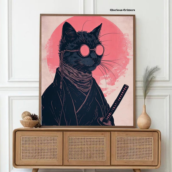 Chat samouraï, affiche de chat noir, impression d'art de Tokyo, période Edo, Japon, galerie maximaliste, style Ukiyo-e, décoration rose noir, art coloré
