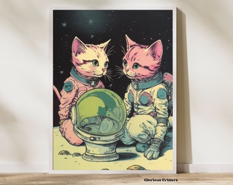 Chat de l'espace vintage de l'espace Nasa Art cosmique Art rétro futuriste surréalisme impression d'art Art rétro Art surréaliste rétro Décoration éclectique maison manquante