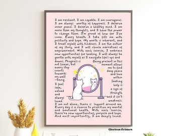 Affirmations Wall Print Positive Selfcare Affirmations Mental health self-care gifts Mental health art Mental health poster Cat Poster