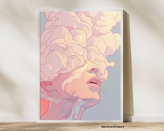 Arte surreale retrò, poster psichedelico, stampa murale vintage, arte murale psichedelica, arte delle nuvole, stampa artistica delle nuvole, arte astratta, arte murale eclettica