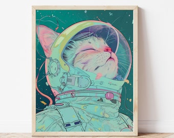 Eclectic Vintage Art Prints for Home Decor, Eclectic Gallery, Eclectic Gallery Wall Decor, space cat, astronaut cat, cat art,