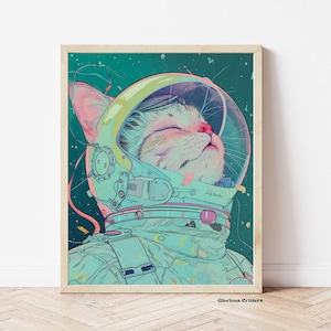 Láminas de arte vintage eclécticas para la decoración del hogar, galería ecléctica, decoración de pared de galería ecléctica, gato espacial, gato astronauta, arte de gatos,