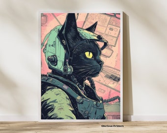 Space Vintage, space cat, Cosmic Art, eclectic home decor aesthetic, Cat Poster,Black Cat Art, sci-fi, Vintage wall art, retro sci fi
