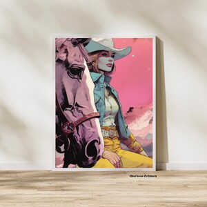May include: A woman in a white cowboy hat and blue denim jacket sits on a horse. The horse is pink and white and has a brown leather bridle. The background is a pink and purple sunset with clouds.