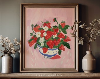 retro strawberry Print, girly pink aesthetic Kitchen wall art, grandmillenial flower market poster, Trendy strawberries decor pink wall art
