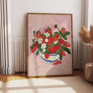 Impression de fraises rétro, art mural de cuisine esthétique rose girly, affiche du marché aux fleurs grand-millénaire, art mural rose déco fraises à la mode