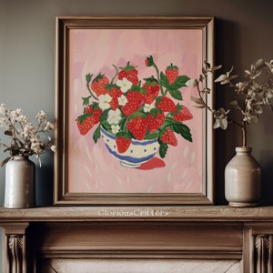 Impresión retro de fresas, arte de pared de cocina con estética rosa femenina, póster de mercado de flores grandmillenial, arte de pared rosa con decoración de fresas de moda