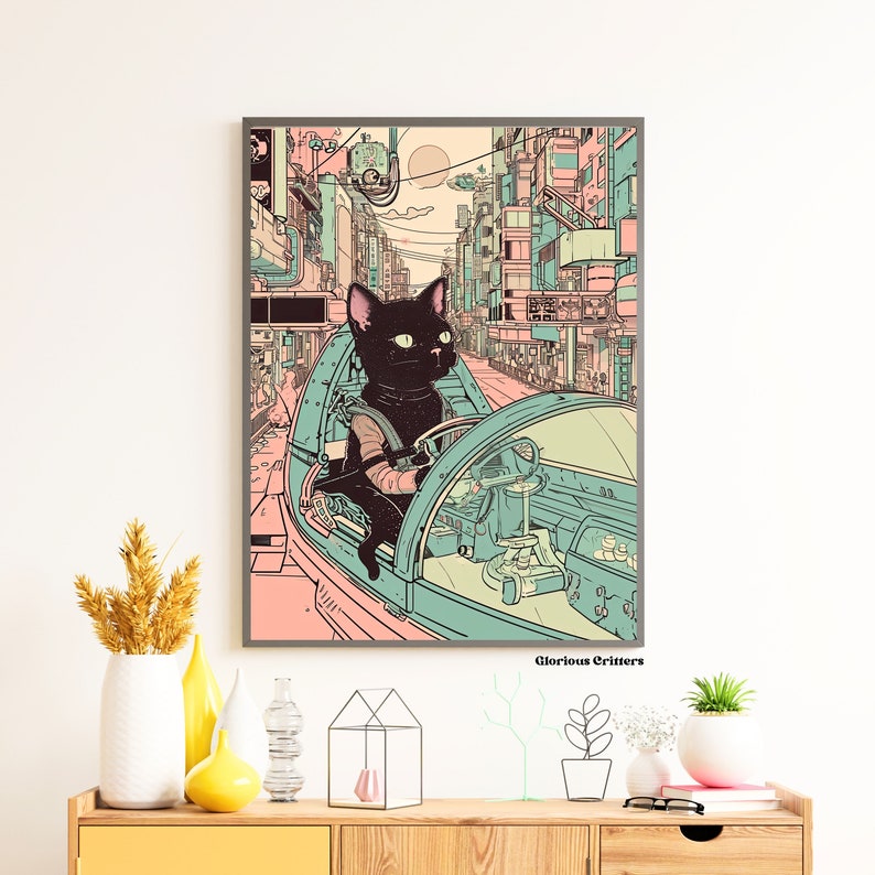 May include: A black cat driving a futuristic vehicle in a city with pink and blue buildings. The cat is wearing a black jumpsuit and has a determined expression on its face. The text "Glorious Critters" is visible at the bottom of the image.
