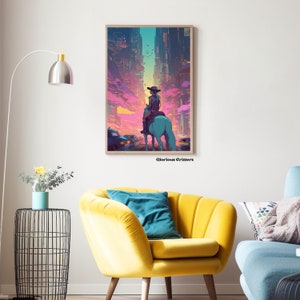 May include: A digital art print featuring a woman riding a white horse through a futuristic city with a pink and purple sky. The text "Glorious Critters" is at the bottom of the print.