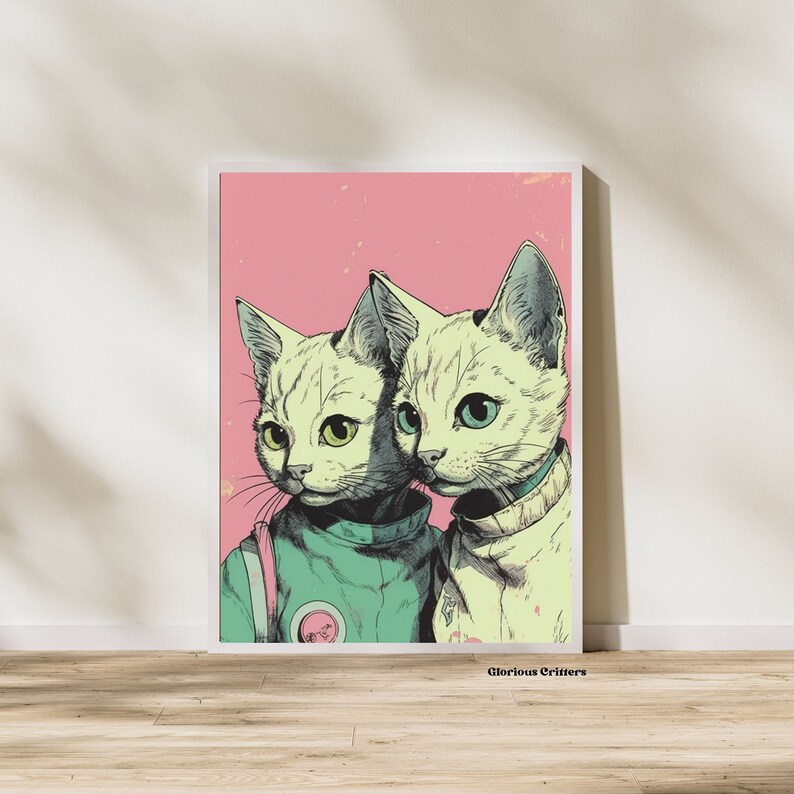 May include: Two white cats with green and blue eyes wearing matching green and white space suits against a pink background. The text "Glorious Critters" is at the bottom of the image.