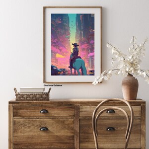 May include: A digital art print depicting a woman riding a horse through a futuristic city. The woman is wearing a cowboy hat and a long coat. The city is filled with tall buildings and flying cars. The sky is a vibrant pink and purple.