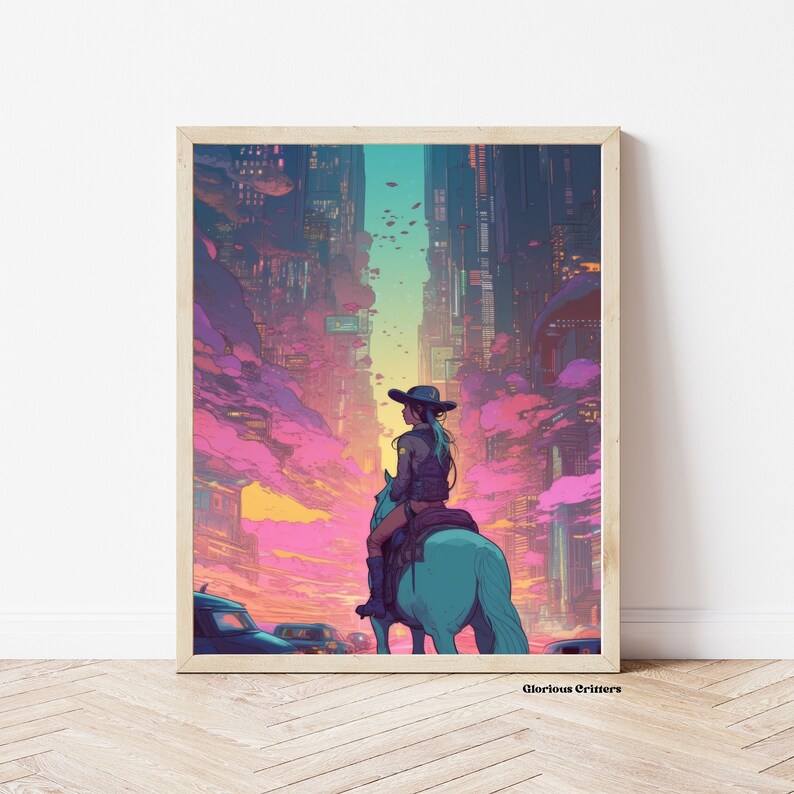 May include: A woman wearing a cowboy hat rides a white horse through a futuristic city with pink and purple clouds. The city is made up of tall buildings and skyscrapers. The image is in a digital art style.